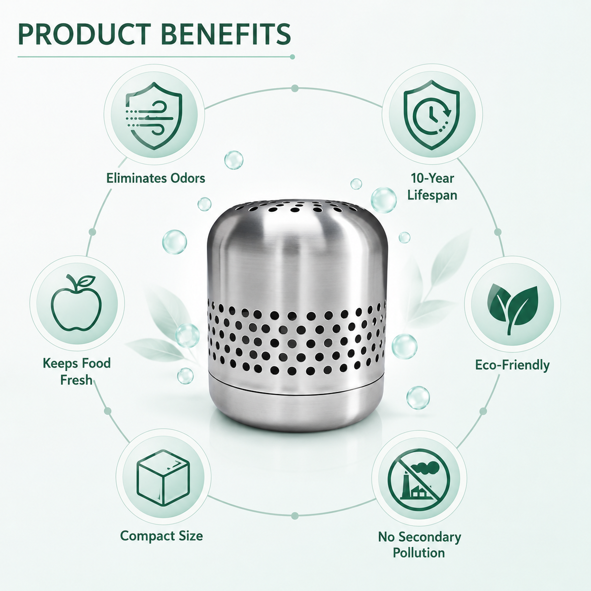 Stainless Steel Fridge Deodorizer | 10-Year Eco-Friendly Refrigerator Odor Eliminator for Fridge, Car & Home