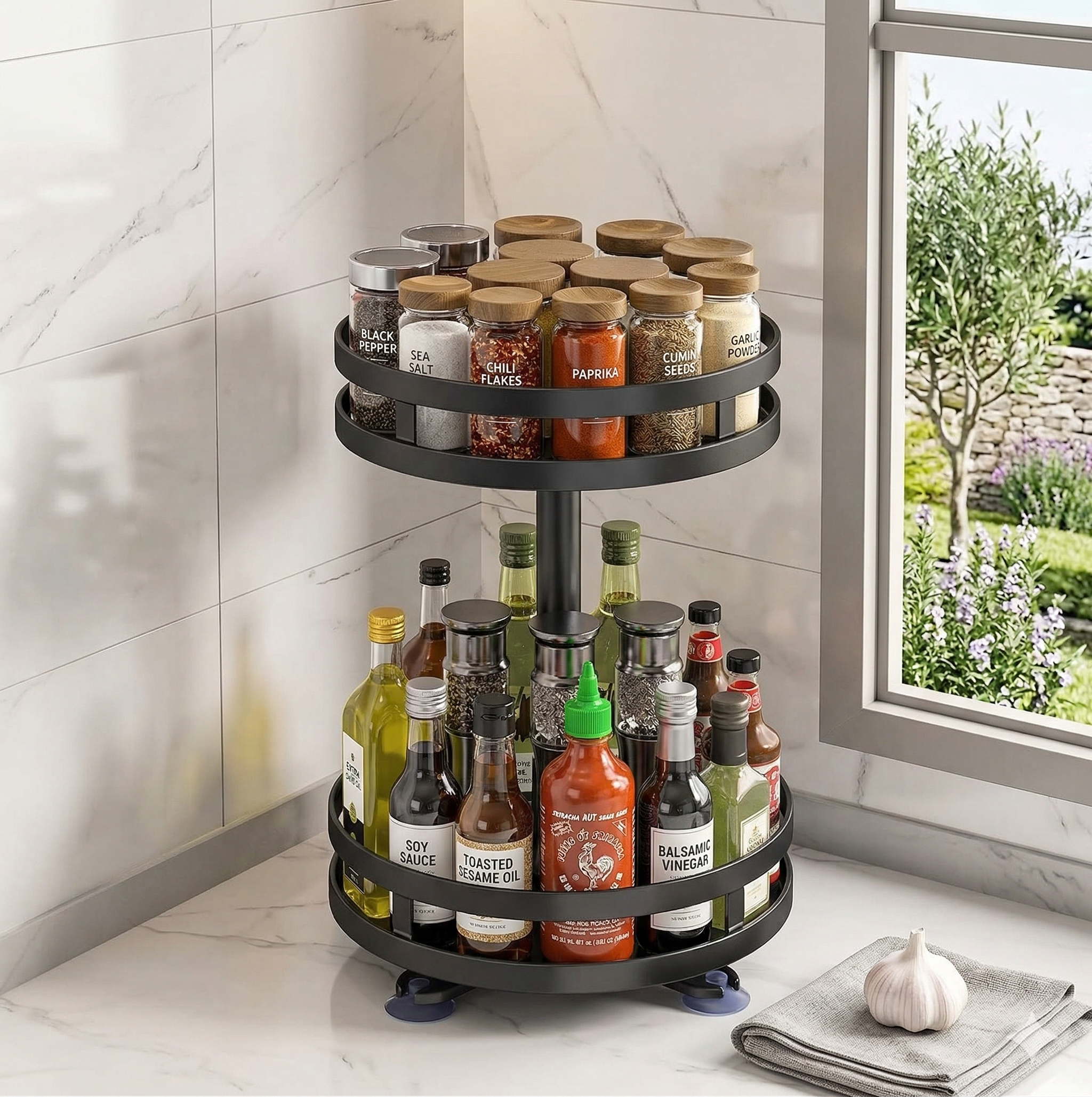 Modern 360° Rotating Spice Rack | Carbon Steel Kitchen Organizer